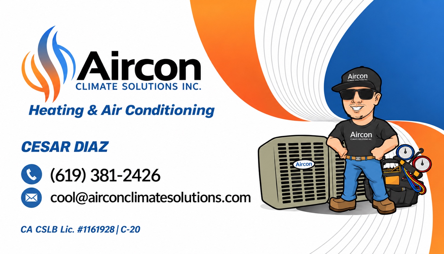 Aircon Climate Solutions business card featuring Cesar Diaz, heating and air conditioning services, phone (619) 381-2426, and CA CSLB license 1161928, C-20